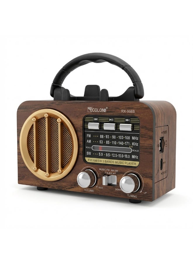 راديو محمول- متعدد الموجات FM/AM/SW - يعمل بالطاقة الشمسية والبلوتوث ومشغل MP3 - تصميم خشبي كلاسيك - موديل RX-966s - Image 1